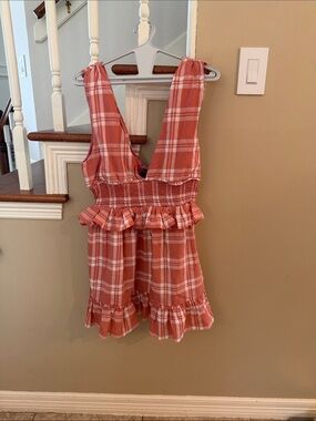 Revolve Majorelle Plaid Ruffle Mini Dress in Coral Pink